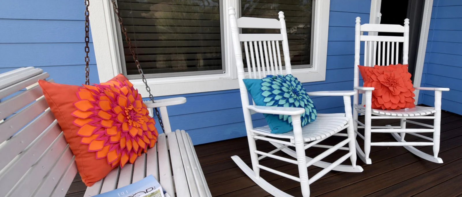 Colorful porch with custom seating and decorative accents