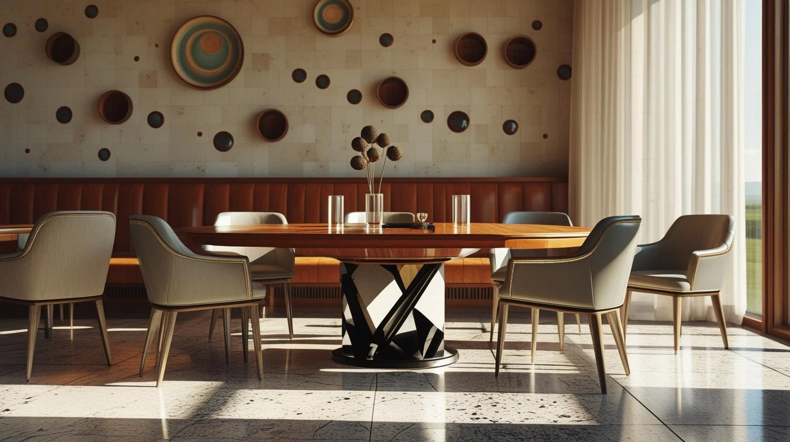 Private club dining room with a sculptural table, upholstered chairs and decorative wall details