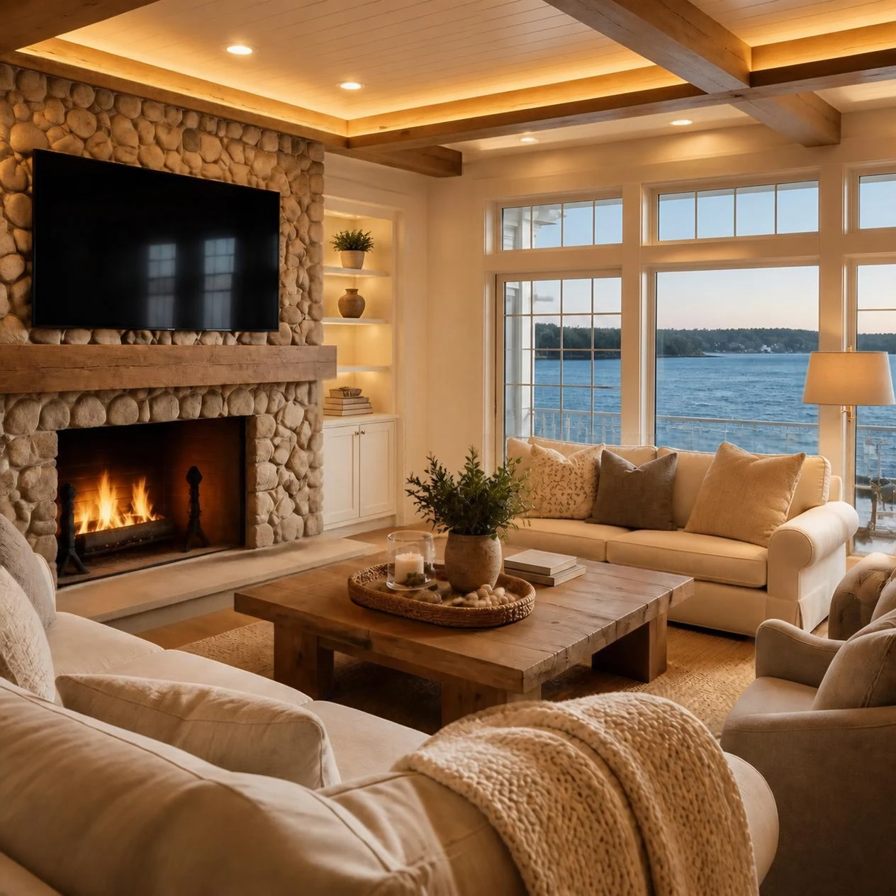 Warm lakeside living room with a stone fireplace, timber beams and comfortable neutral seating
